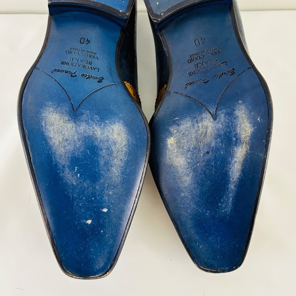 Emilio Franco Navy Blue Paisley Cognac Leather Tassel Wingtip Loafers Italy Sz 7 - Picture 12 of 13